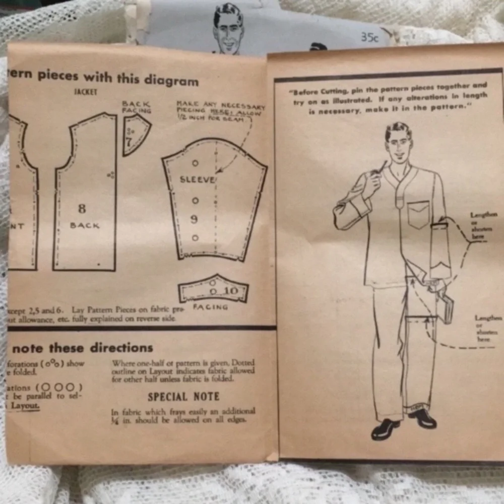 40s men’s pajamas sewing pattern, Butterick 1111, chest 42”